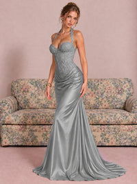 Sparkling Halter Corset Satin Mermaid Prom Dress