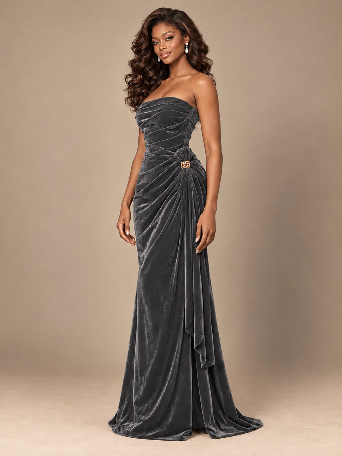 Burgundy Velvet Strapless Ruched Prom Dress with Jeweled Side Drape