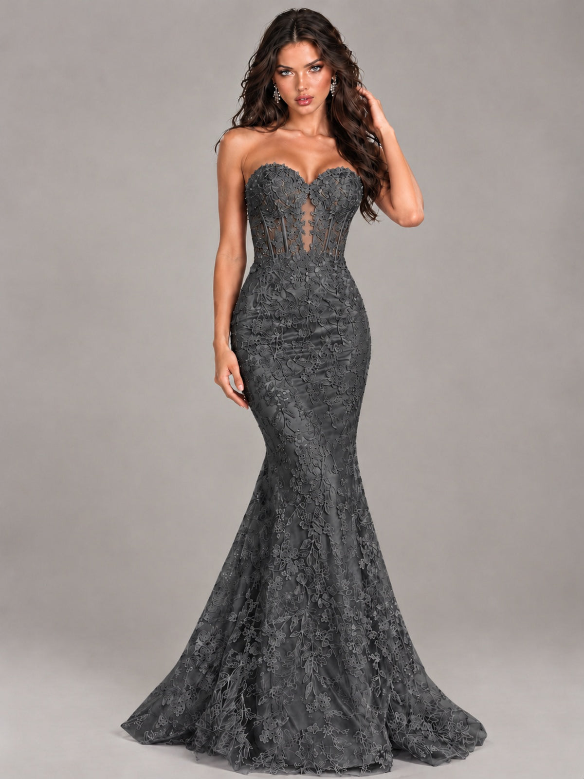 Strapless Corset Mermaid Prom Dress Lace Appliqué Formal Gown