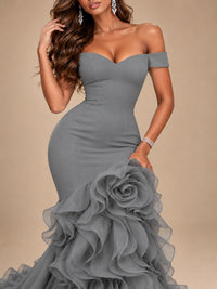 Dusty Blue Off-the-Shoulder Mermaid Prom Dress with 3D Rose & Ruffles