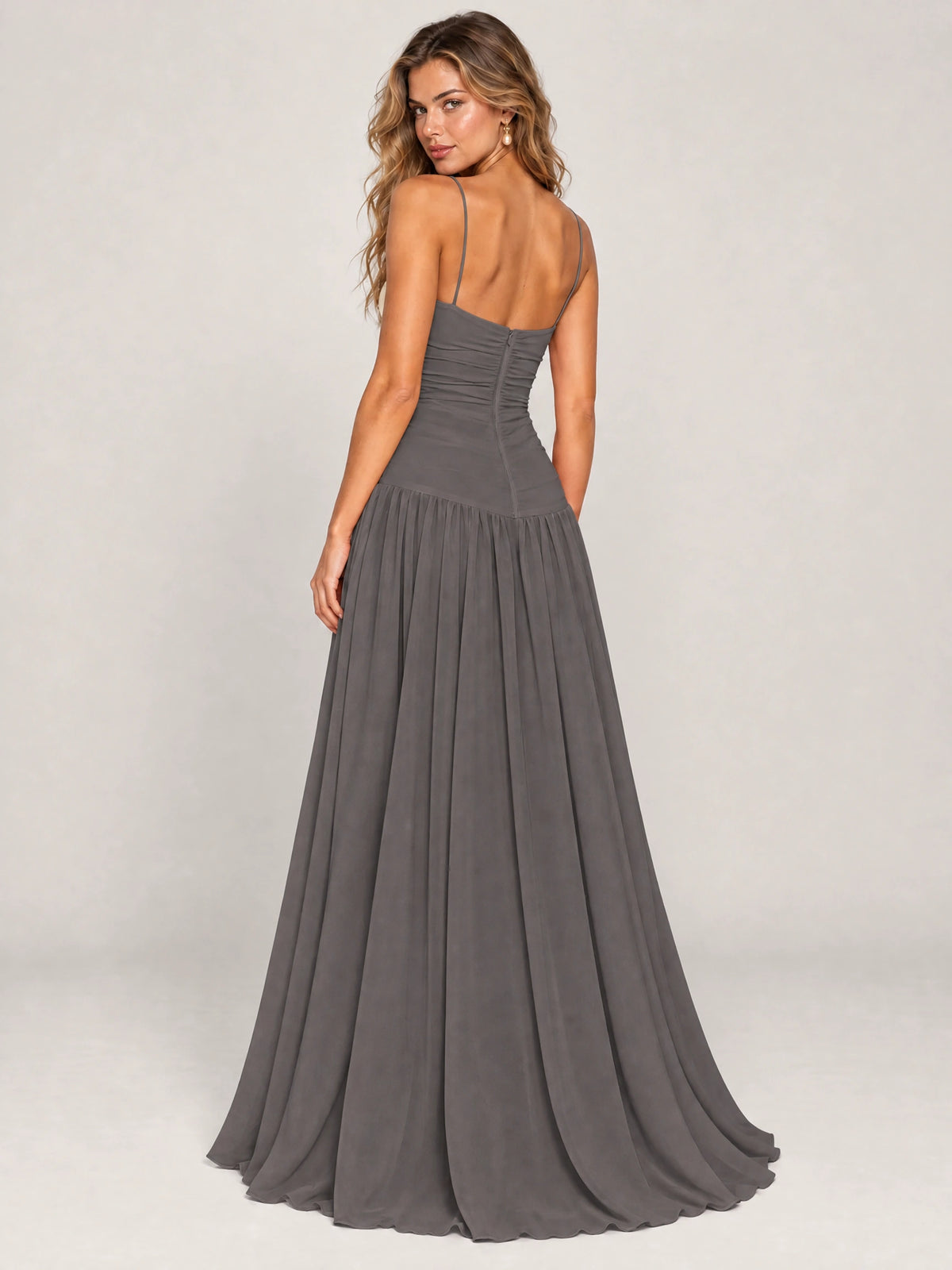 Butter Yellow Ruched Spaghetti Strap Drop-Waist Prom Dress