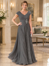 Pleated Chiffon Lace Mother of The Bride Dresses with Beading Cap Sleeves