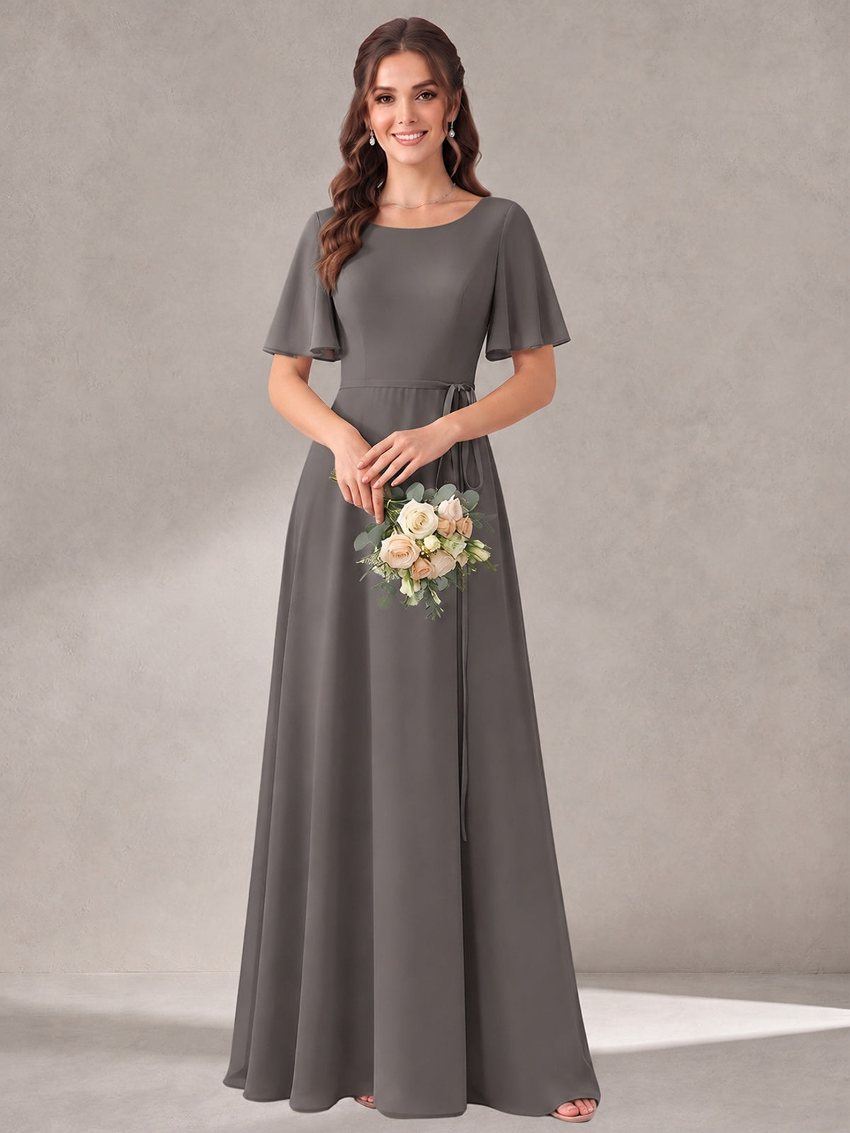 Scoop Neck A-line Chiffon Bridesmaid Dress with Flutter Sleeve & Belt