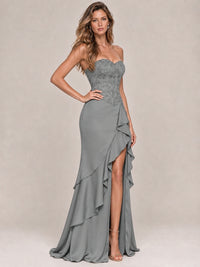 Strapless Lace Appliques Corset Satin Prom Dress Ruffle Slit Evening Gown
