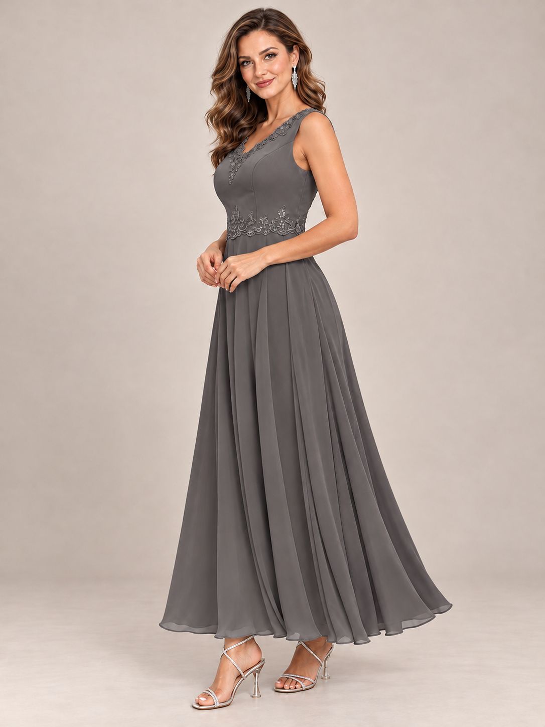 Dusty Blue Floral Lace Chiffon Mother of the Bride Dress with Jacket