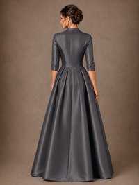 V-Neck Pleated Satin Mother of the Bride Gown with 3/4 Sleeves