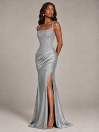Scoop Neck Sequin Prom Dress with High Slit Satin Formal Gowns