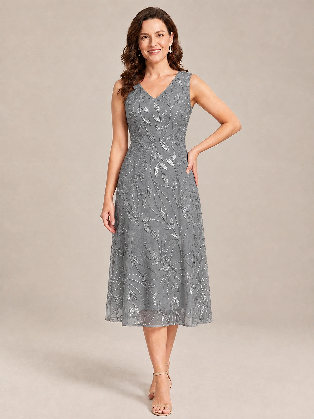 Tea Length Sequin Lace Mother of the Bride Dress with Chiffon Jacket