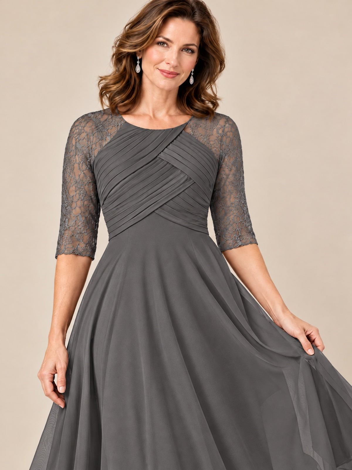 Tea-Length Mother of the Bride Dress with Lace 3/4 Sleeves