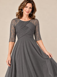 Tea-Length Mother of the Bride Dress with Lace 3/4 Sleeves