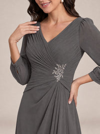 V-Neck Pleated Chiffon Mother of the Bride Dress with Flutter Sleeves