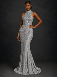 Sparkly Sequin High Neck Mermaid Prom Dress