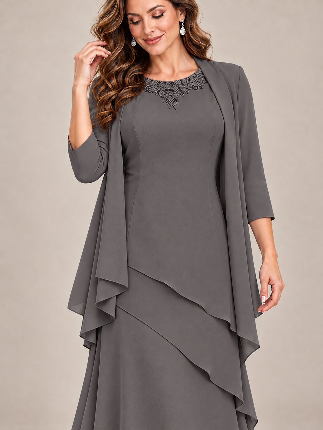 Dusty Blue Two-Piece Chiffon Mother of the Bride Dress with Jacket