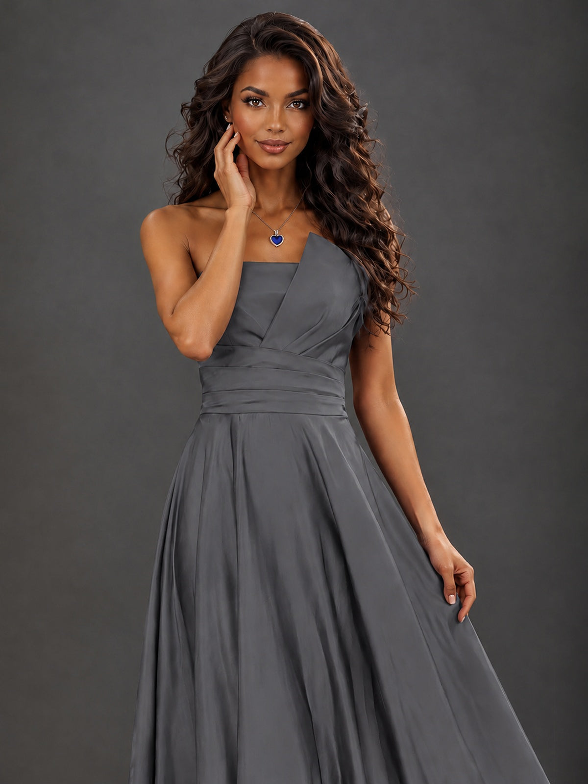 Draped Satin Prom Dress Strapless A-line Formal Dress Floor Length