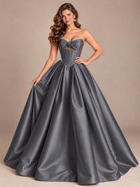 Pink Strapless Corset Satin Prom Derss & Ball Gown with 3D Floral