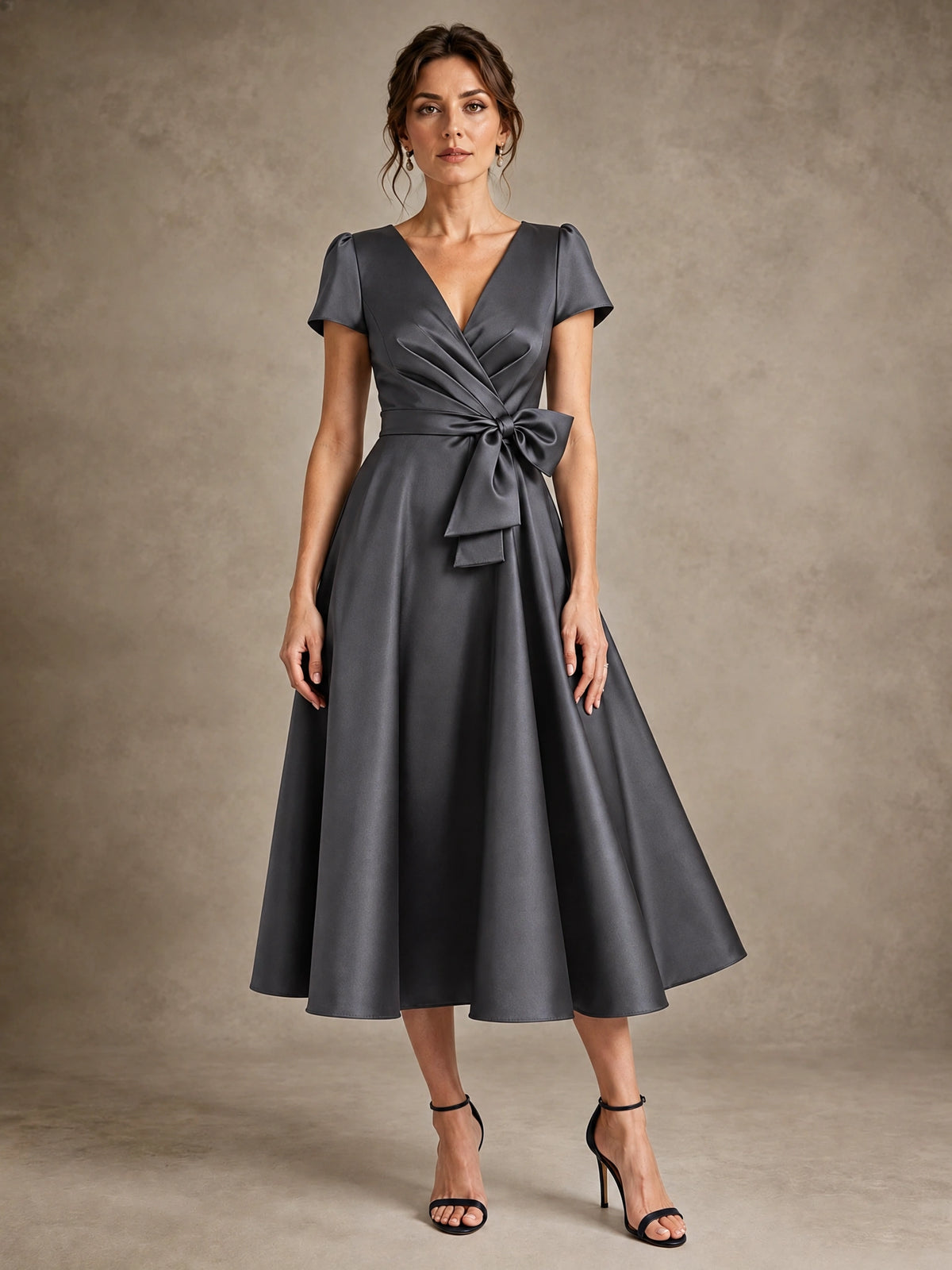 Grey V-Neck Tea-Length Satin Mother of the Bride Dress with Bow Jovellee