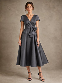 Grey V-Neck Tea-Length Satin Mother of the Bride Dress with Bow Jovellee