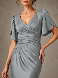 V-Neck Satin Mother of the Bride Dress with Flutter Sleeves