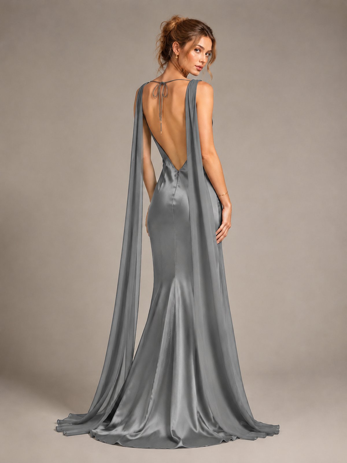 Burgundy Satin Mermaid Cape Maxi Dress