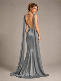 Burgundy Satin Mermaid Cape Maxi Dress