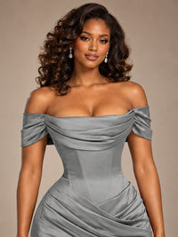 Burgundy Off-the-Shoulder Satin Corset Prom Dress with Slit