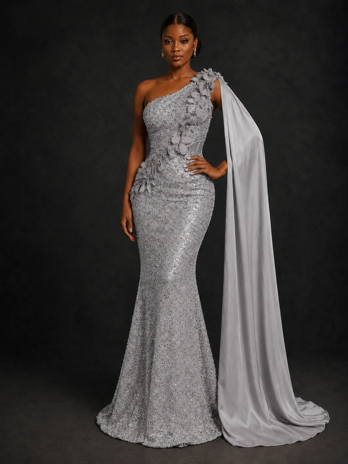 Gold Sequin One Shoulder Mermaid Prom Dress with Cape
