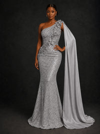 Gold Sequin One Shoulder Mermaid Prom Dress with Cape