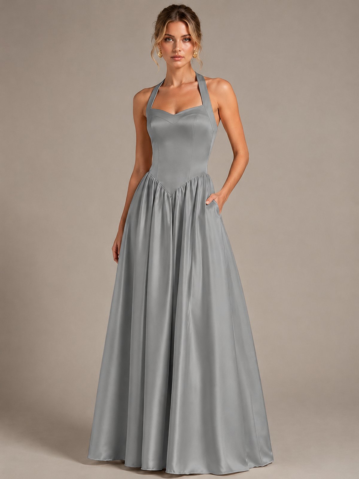 Light Yellow Halter Neck Satin A-Line Maxi Dress with Pockets
