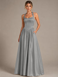 Light Yellow Halter Neck Satin A-Line Maxi Dress with Pockets