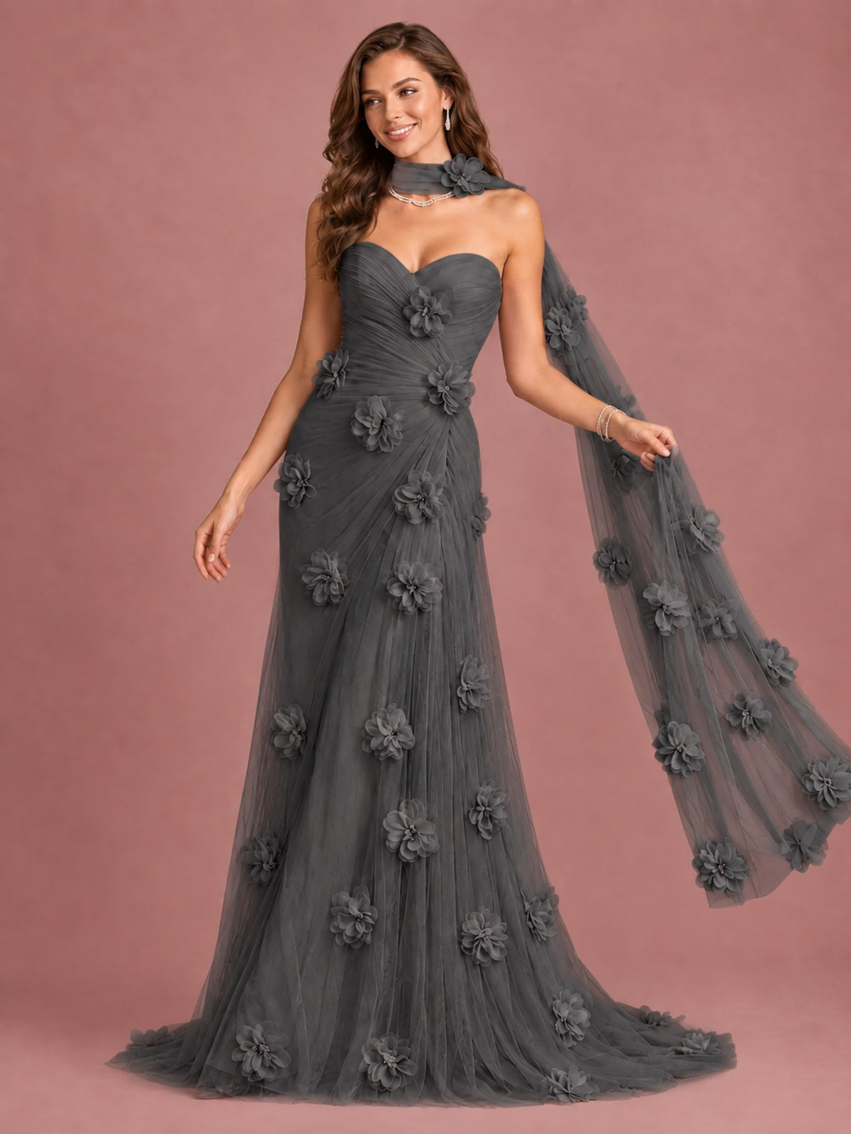 Blush Pink Strapless Sweetheart 3D Floral Tulle Mermaid Prom Dress