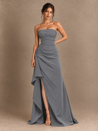 Black and White Strapless Ruched Prom Dress with High Slit & Side Drape