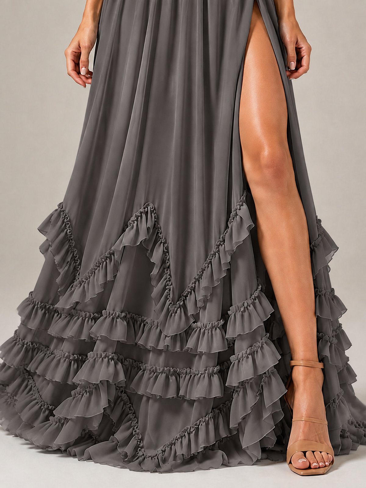 Halter V Neck Chiffon Formal Dress with Lace-Up Back and Ruffle Hem