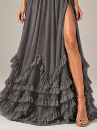 Halter V Neck Chiffon Formal Dress with Lace-Up Back and Ruffle Hem