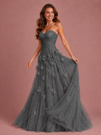 Blush Pink Strapless Sweetheart 3D Floral Tulle Ball Gown Prom Dres