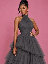 Hot Pink Tulle Halter Neck Tiered Ruffle Maxi Dress