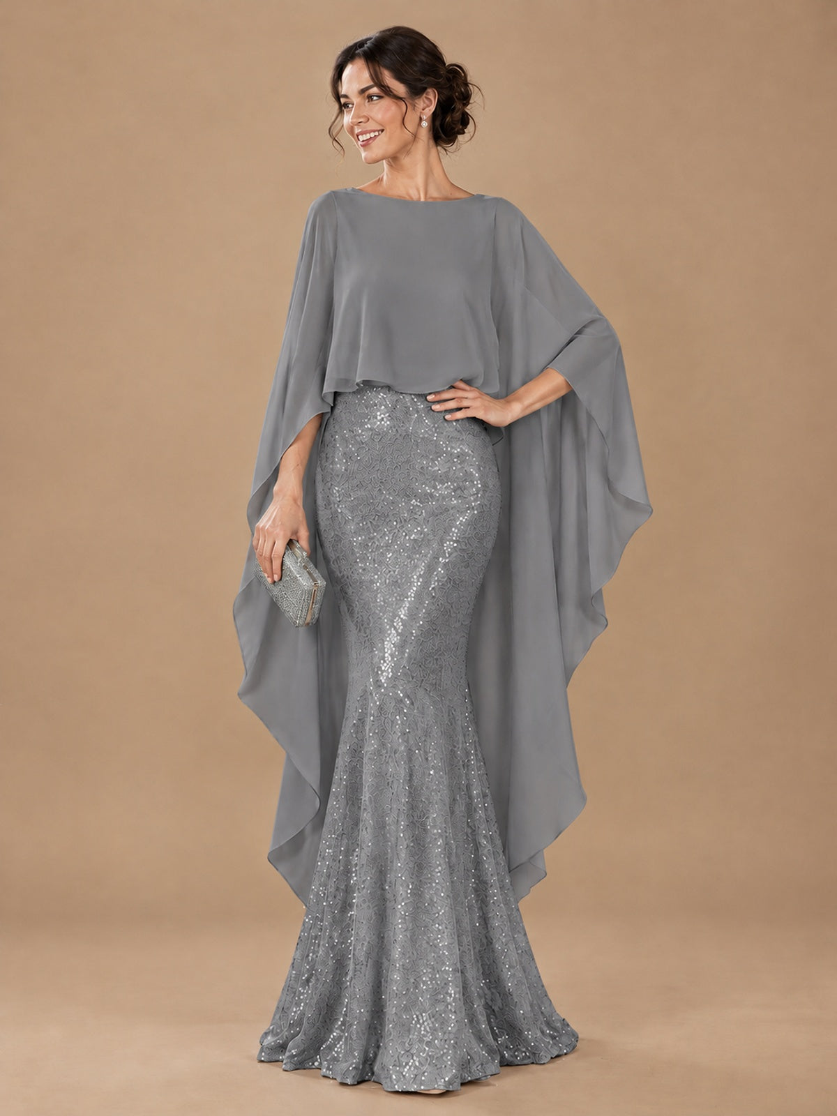 Sequin 2 Pieces Mother of the Bride Dress with Cap Sleeves Chiffon Formal Gowns