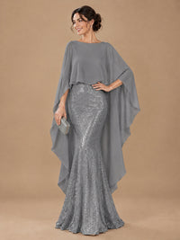 Sequin 2 Pieces Mother of the Bride Dress with Cap Sleeves Chiffon Formal Gowns