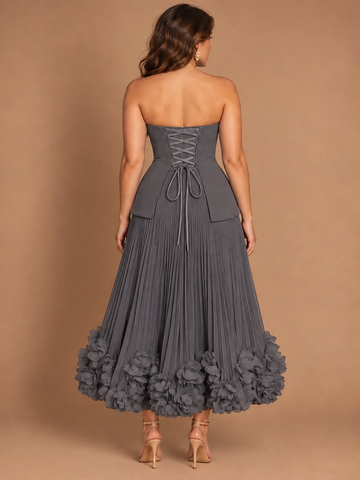 Navy Blue Strapless Pleated A-Line Midi Dress with 3D Floral Applique