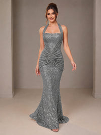 Gold Halter Sequin Mermaid Ruched Prom Dress Long Ruched Evening Gown