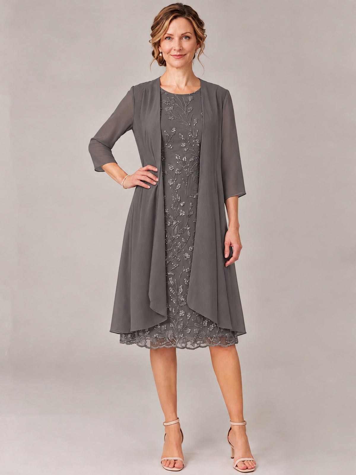 Tea Length Sequin Lace Mother of The Bride Dress with Chiffon Jacket