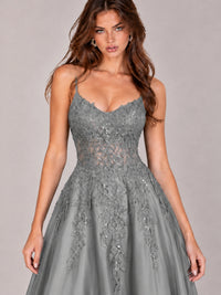Lace Applique Satin A-Line Prom Dress with Sheer Bodice