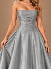 Blush Pink Strapless Satin A-Line Prom Dress with Ruched Bodice