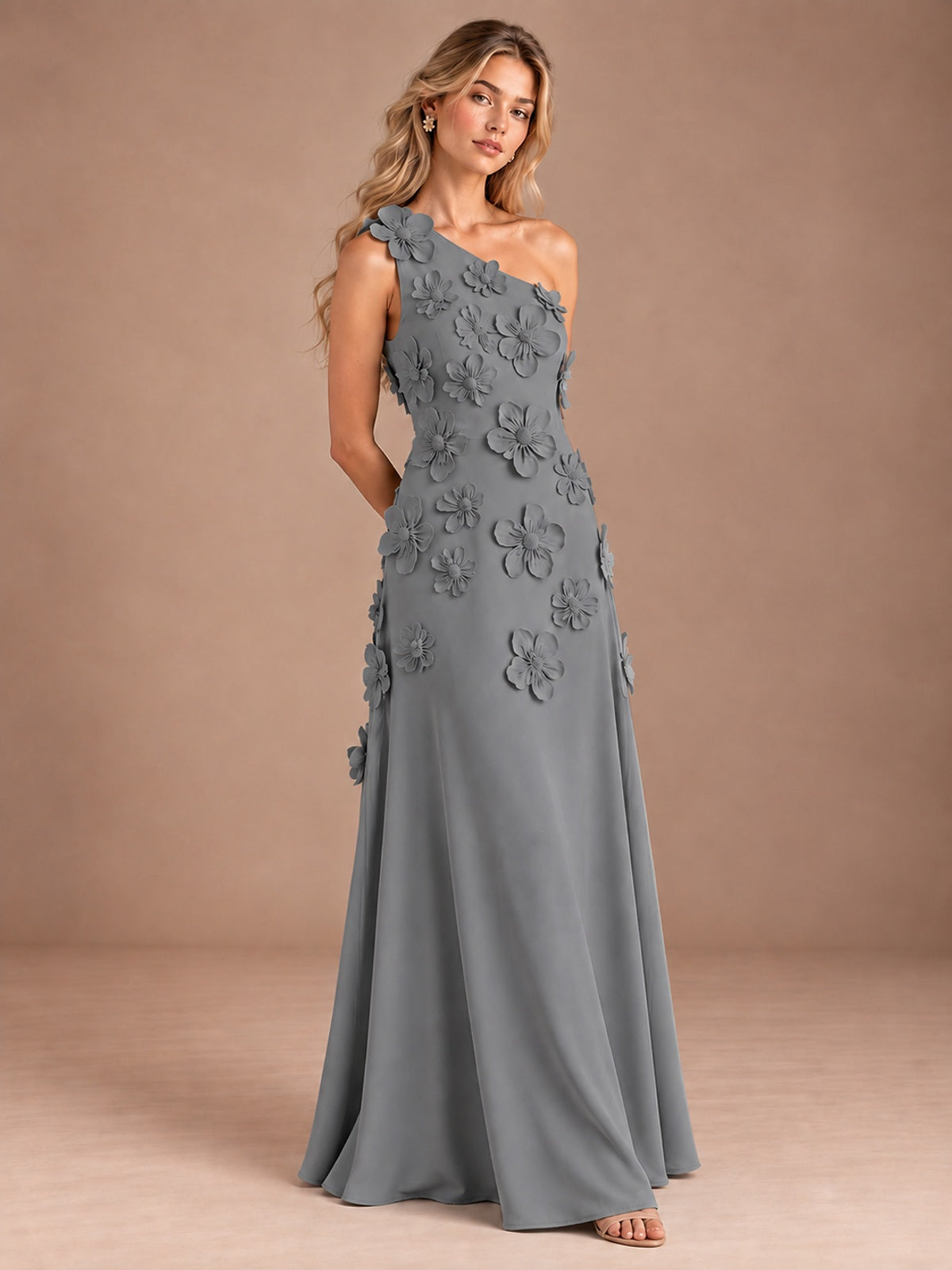 Sage Green One Shoulder Satin Formal Maxi Dress with 3D Floral