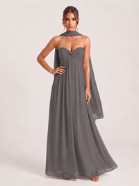 Strapless Ruched Chiffon Long Prom Dress with Scarf
