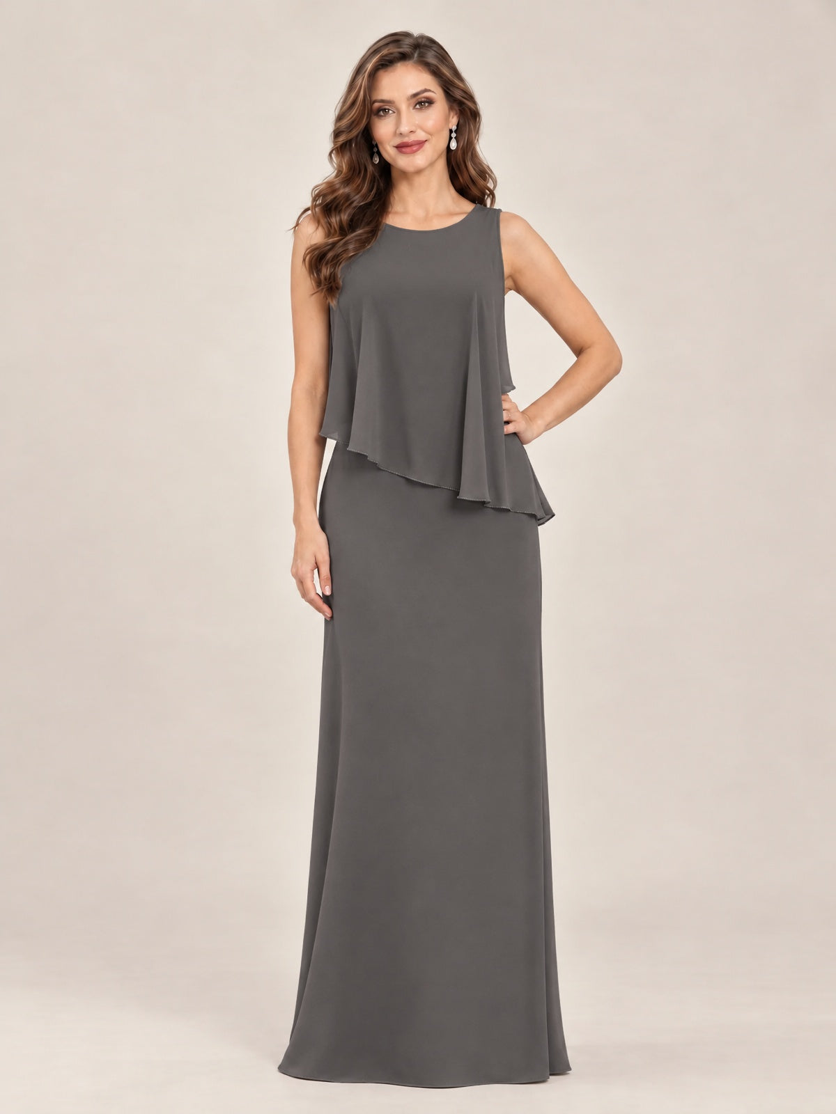 Cape Sleeve Mother of the Bride Dress with Asymmetrical Overlay