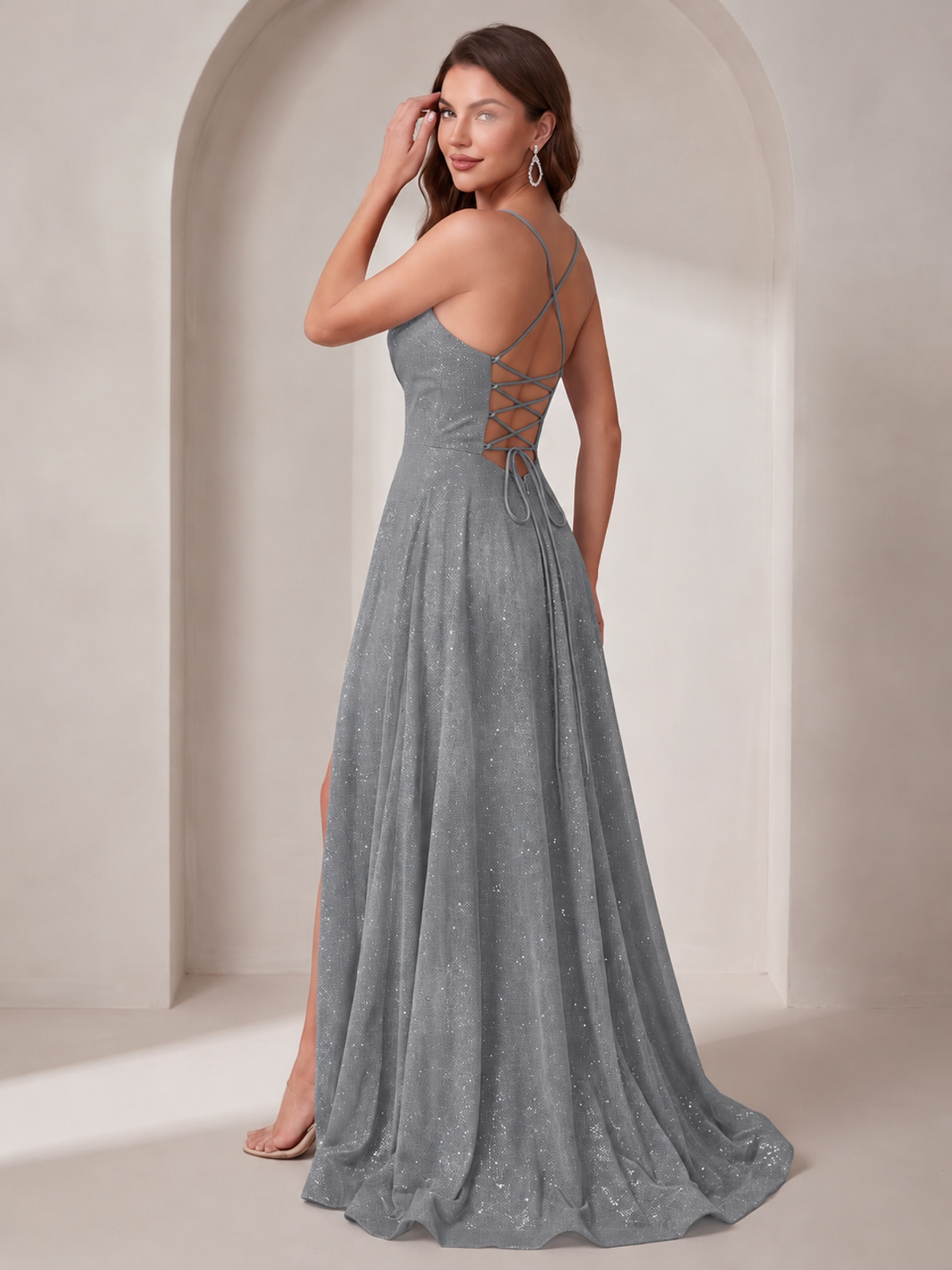 Sparkly Cowl Neck Corset Long Prom Dress with Slit A-line Tulle Ball Gown