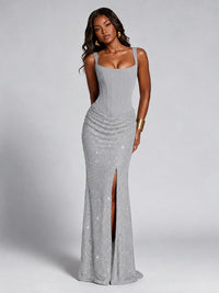 Sequin Corset Mermaid Prom Dress with Square Neck Wide Strap High Slit