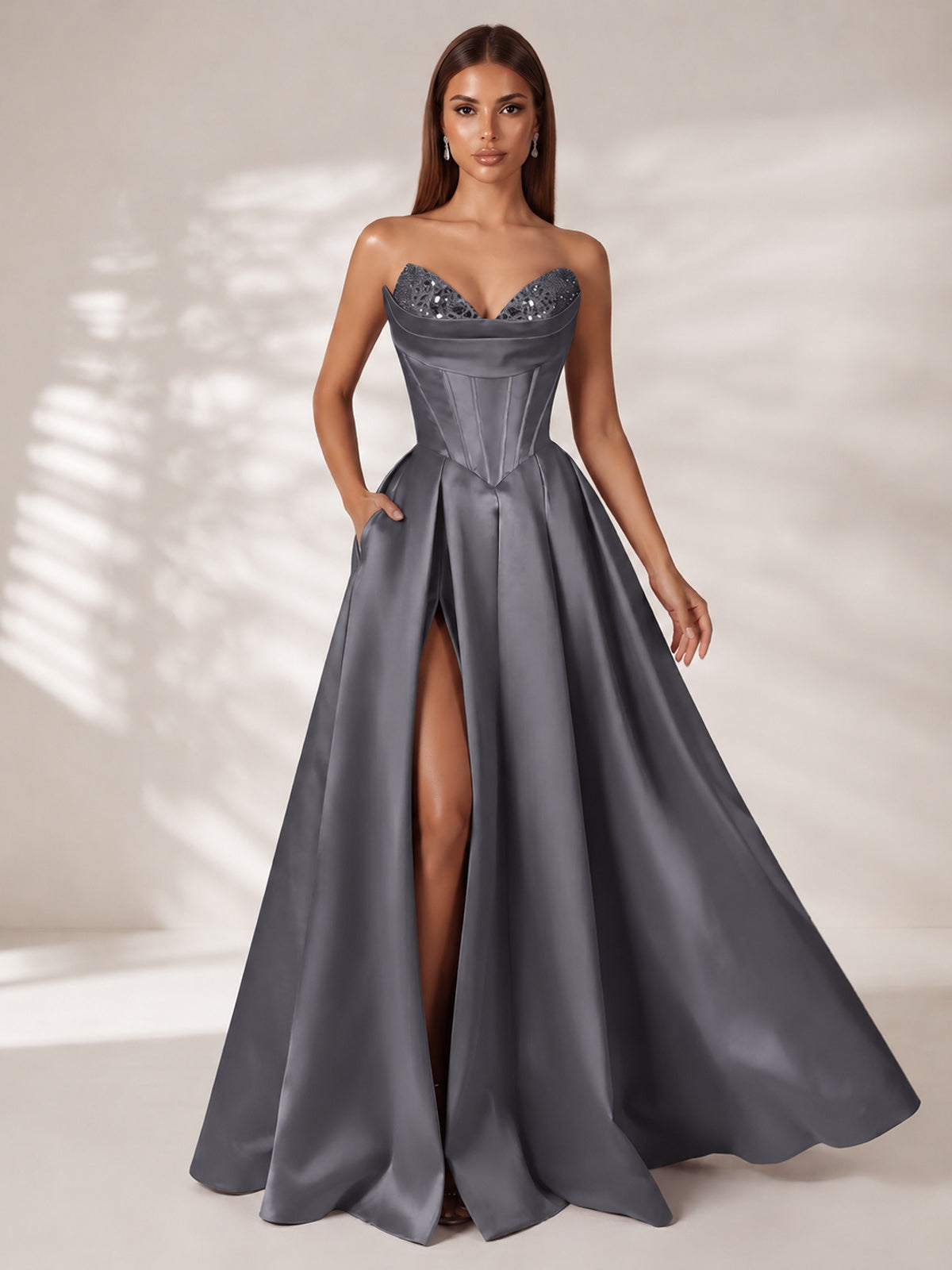 Strapless Corset Satin Prom Dress Long Evening Gown with High Slit