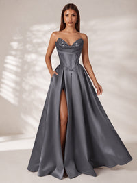 Strapless Corset Satin Prom Dress Long Evening Gown with High Slit