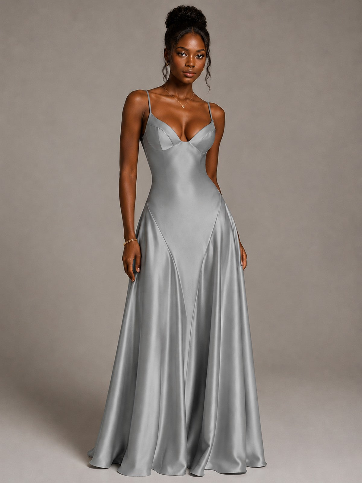 Lavender V Neck Satin Prom Dress with Spaghetti Straps